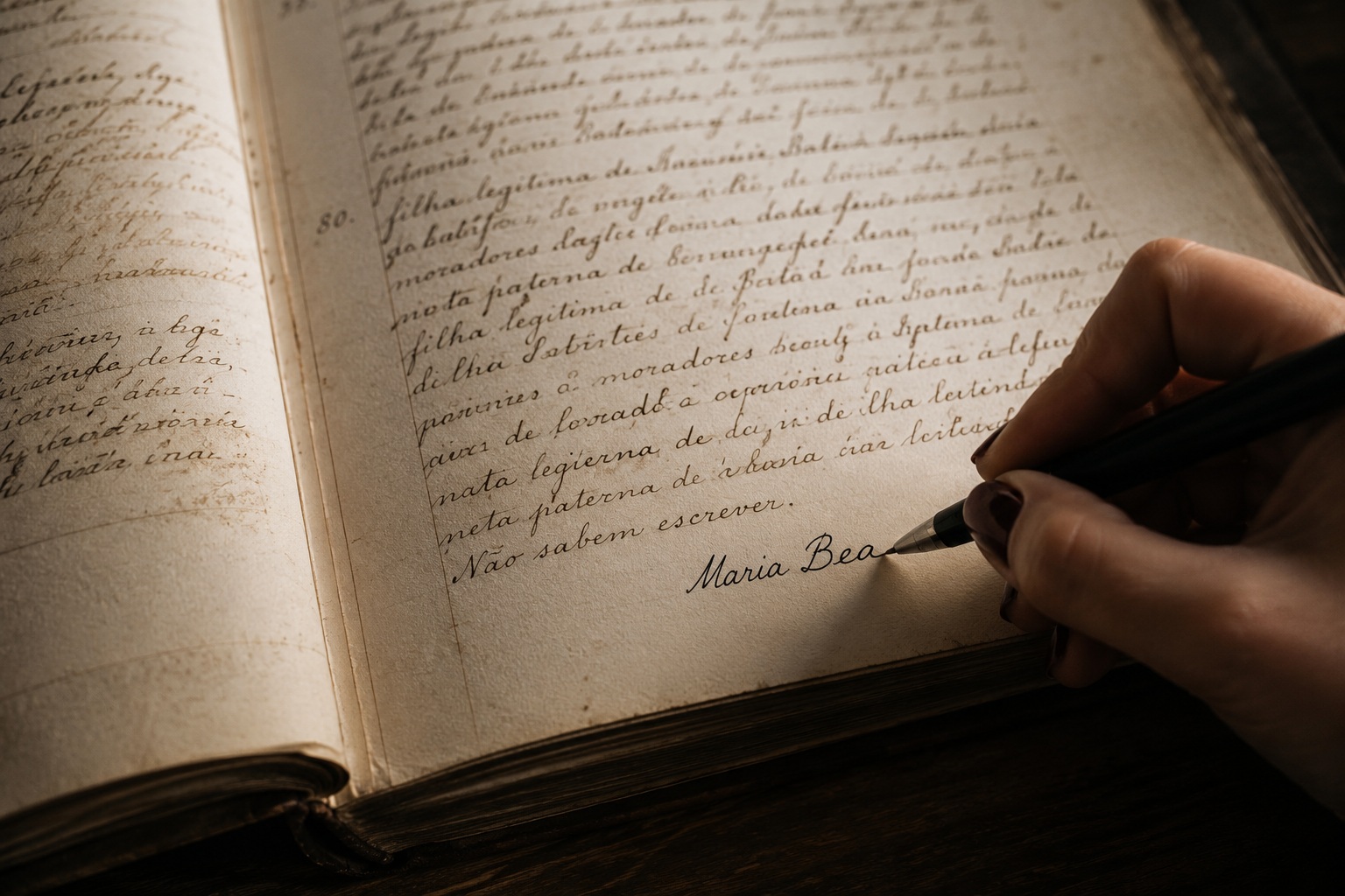 O livro paroquial aberto no assento n.º 80 — "Não sabem escrever." — e uma mão que, um século depois, assina